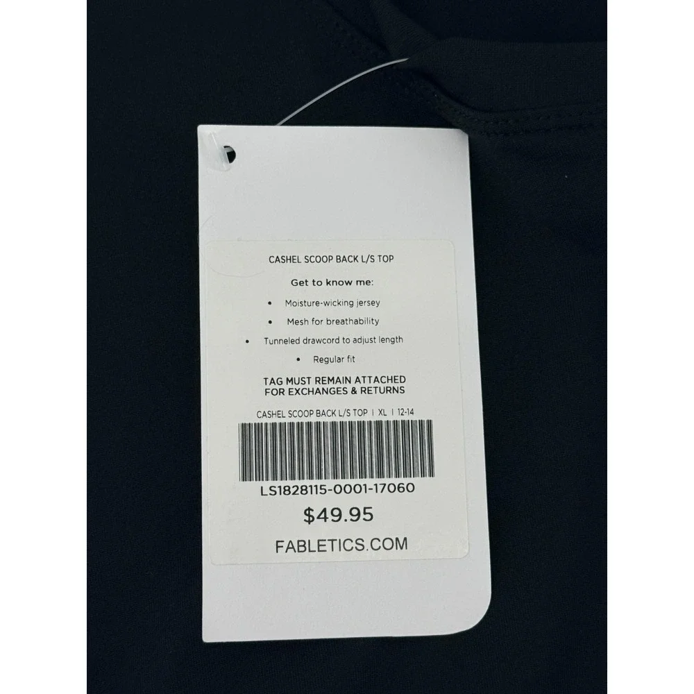 Fabletics Cashel Scoop Back Long Sleeve Top Womens XL Black Drawcord‎ NWT